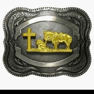 Westrrn horse and man at cross Belt Buckle